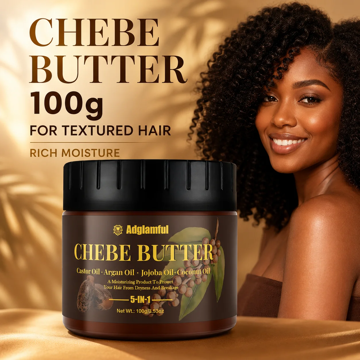 Adglamful Chebe Hair Butter 100g, 5-in-1 Moisturizing Hair Conditioner with Argan, Castor, Jojoba & Coconut Oils for Dry Frizzy