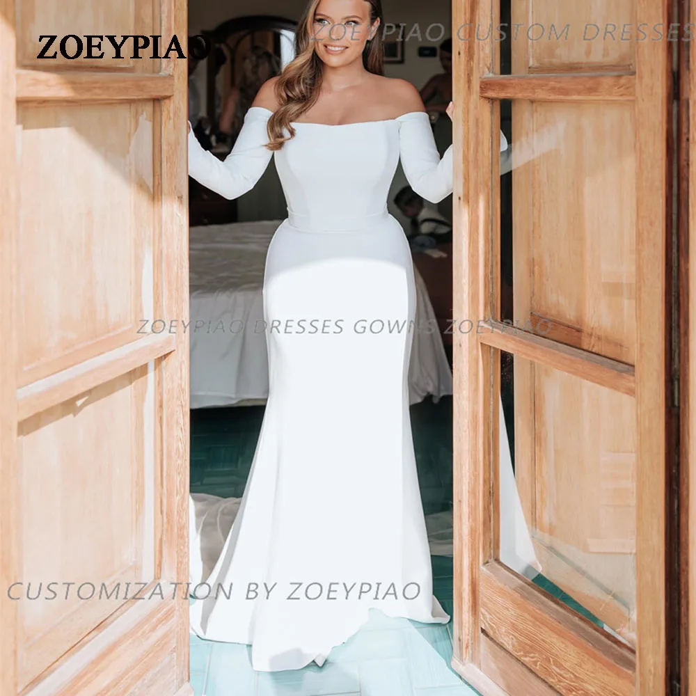 

Princess Stretch Matte Satin Wedding Dresses Strapless Off The Shoulder Long Sleeves Bridal Gowns Formal Event Brides Dress