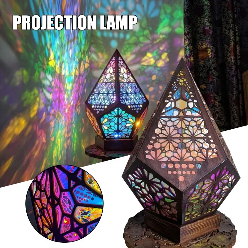 Wooden Floor Lamp Projection Night Lamp Bohemian Colorful Projector Desk Lamp Household Home Decor Holiday Atmosphere Lighting