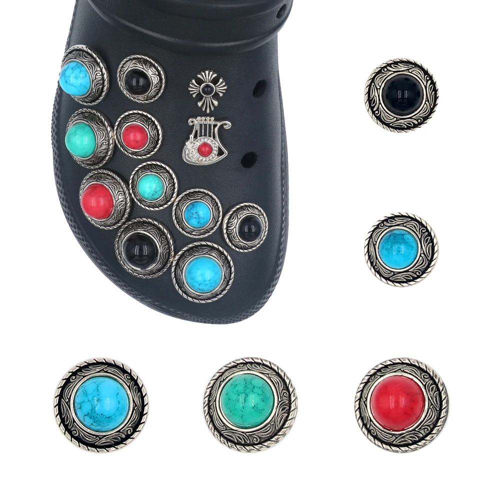 16 Pieces 1 Set Shoe Decorations Charm Badge Shape Pines Simulated Turquoise Detachable Round Sandals Accessories Buckles Gift