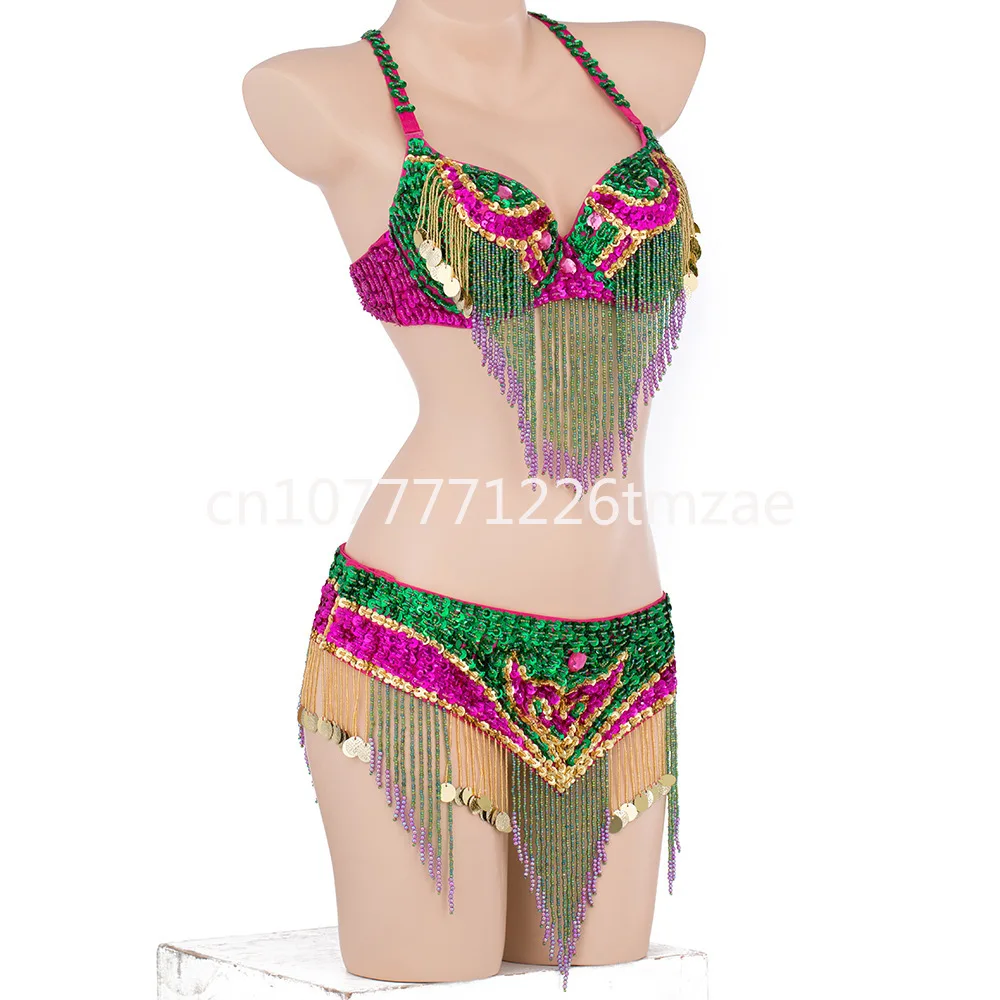 

Halloween Belly Dance Costume Tassel Pearl Embroidery Indian Dance Bra Waist Seal Stage Performance Set