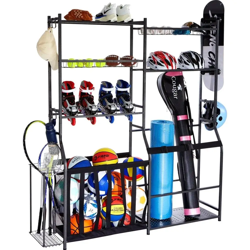 

Outdoor Steel Golf Bag Organizer Stand 2 Bag Storage Rack with Shelves Baskets Hooks Sports Gear Black