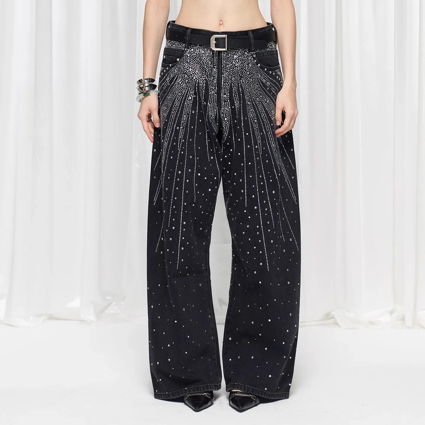 

Streetwear Rhinestone Sequins Vintage Jeans for Women Clothing Hip Hop Pockets Straight Vintage Loose Jeans Low Waist Trousers