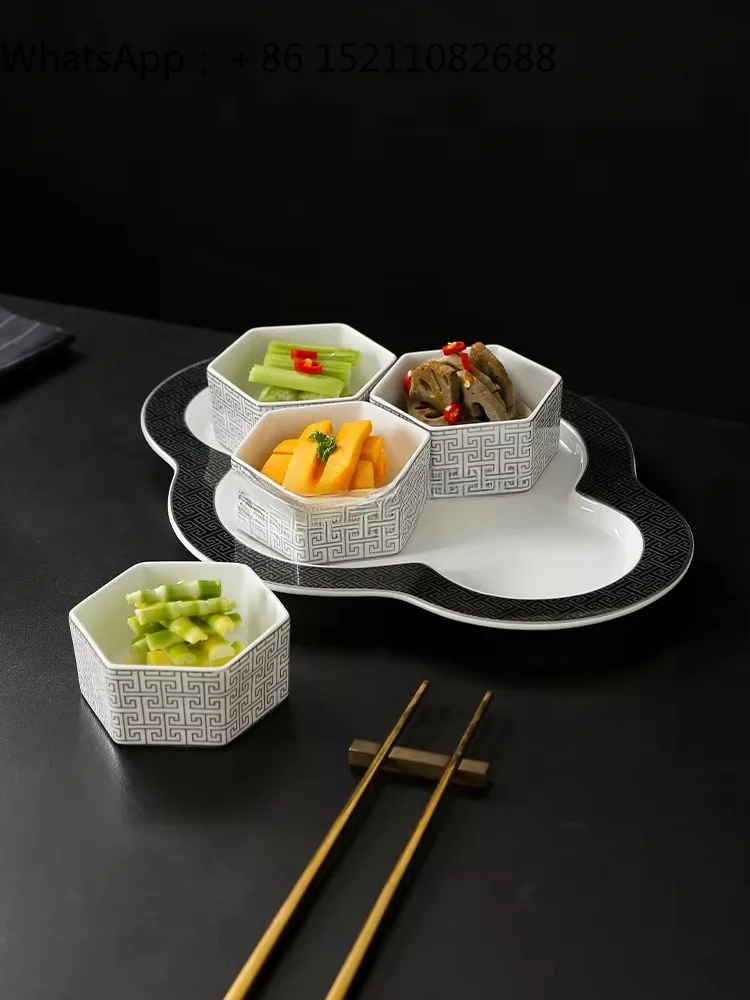 SCY Clubhouse Hexagonal Snack Plate with Ceramic Tray Creative Cold Dish Four-grid Platter Premium Special Meal Bowl