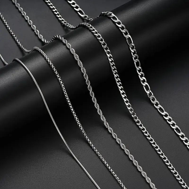 Hermah 5Pcs Set 1.5/2/3/5mm Round Snake Box Rope Cuban Figaro Necklace For Men Women Link Chain Stainless Steel Necklace Jewelry