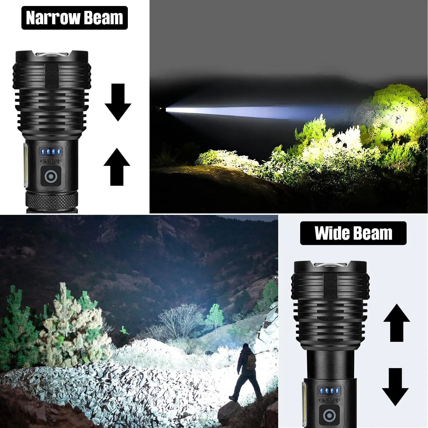مصباح يدوي عالي التجويف USB قابل لإعادة الشحن 99,000 LM مصباح LED مقاوم للماء للتخييم والمشي لمسافات طويلة (عبوة من قطعتين)