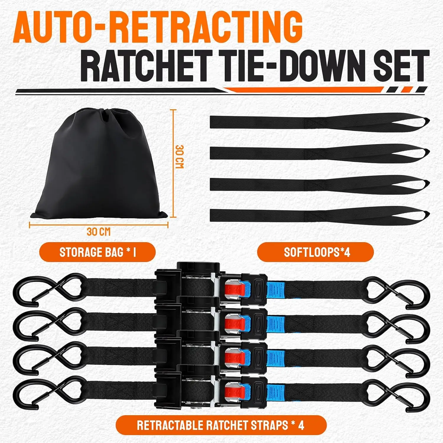 Einziehbare Ratschengurte 3 m x 25 mm (698 kg Bruchlast) 2/4er-Pack Schwerlast-Selbstzurückziehende Spanngurte für Motorräder, ATV, UTV, LKW, Lastenanhänger