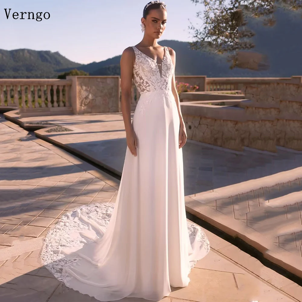 

Verngo Crepe Appliques Wedding Dress Spaghetti Straps A Line Deep V Neck Bridal Gowns Botton Back Timeless Bride Dress