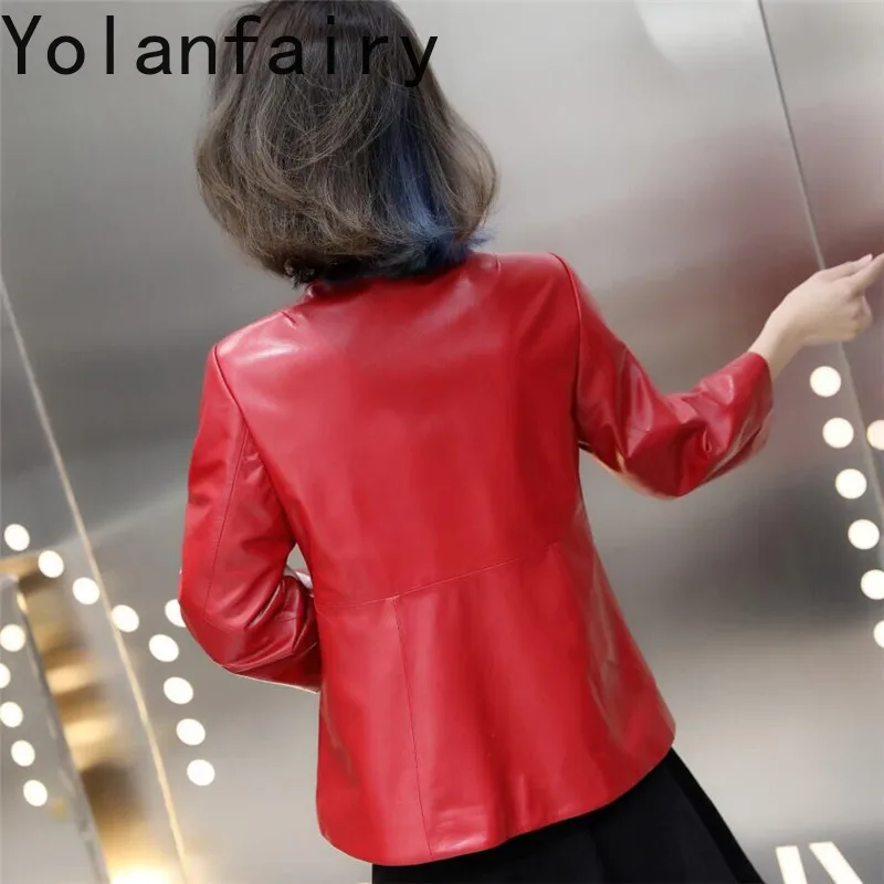 YOLANFAIRY Genuine Leather Jacket Women Retro Tang Suit Style Autumn 2026 Red Real Sheepskin Coat 3/4 Sleeve Slim Fit Outerwear
