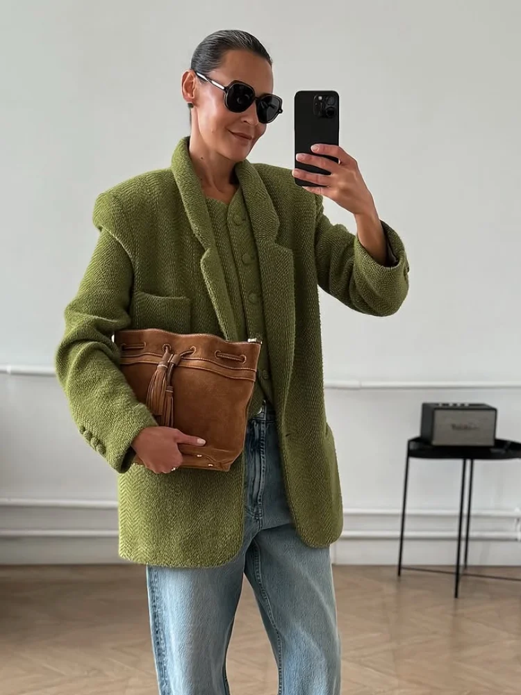 

Casual Green Woolen Coats Women Fashionable Solid Color Chic Collar Single Button Jacket 2025 Autumn Daily Highstreet Outerwear