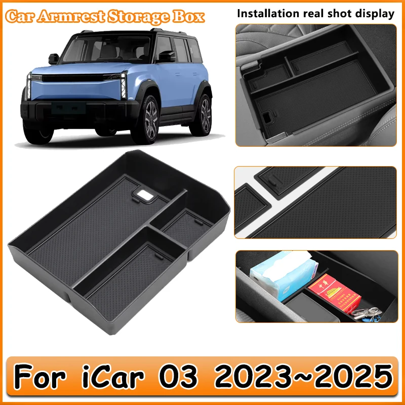 

Автомобильный ящик для хранения для iCaur iCar 03 Jaecoo J6 EV 2023 ~ 2025, резиновый центральный подлокотник, контейнер, флокирующий органайзер, держатель, аксессуары