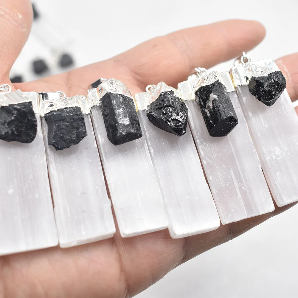 wholesale 6 12pcs/lot natural Selenite Plaster Black Tourmaline Pendants Rock Mineral Specimen Jewelry Reiki Healing Energy