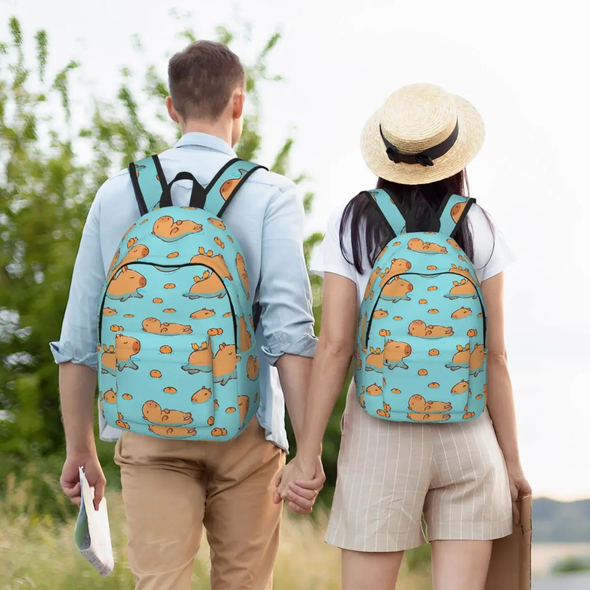 Patrón de capibara nadando con naranjas para adolescentes estudiante escuela mochila mochila medio alto regalo universitario