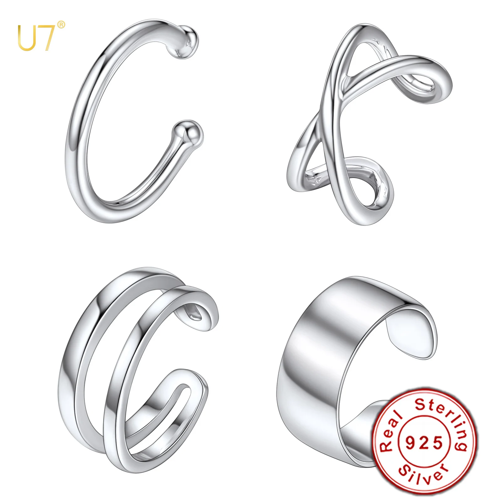 U7 4pcs/set 925 Sterling Silver Ear Cuff Sets for Women No Pierced Cartilage Clip Cross Chains Lines Band Earrings Gift for Her