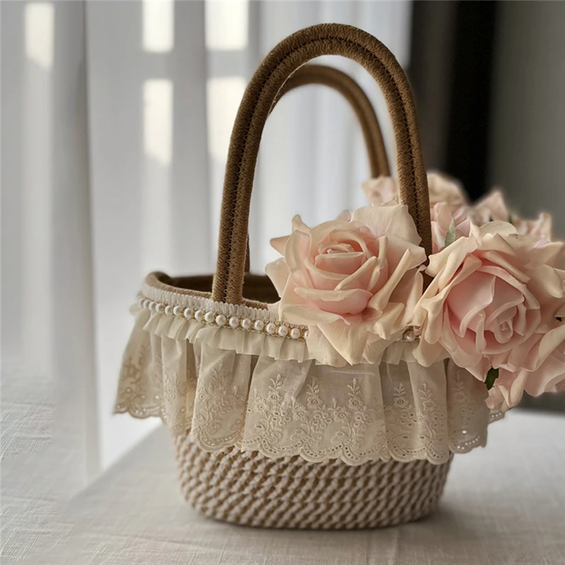 Korean Lace Storage Basket Cotton Rope Woven Home Decor Desktop Cosmetics Storage Container Portable Fruit Flower Picnic Basket