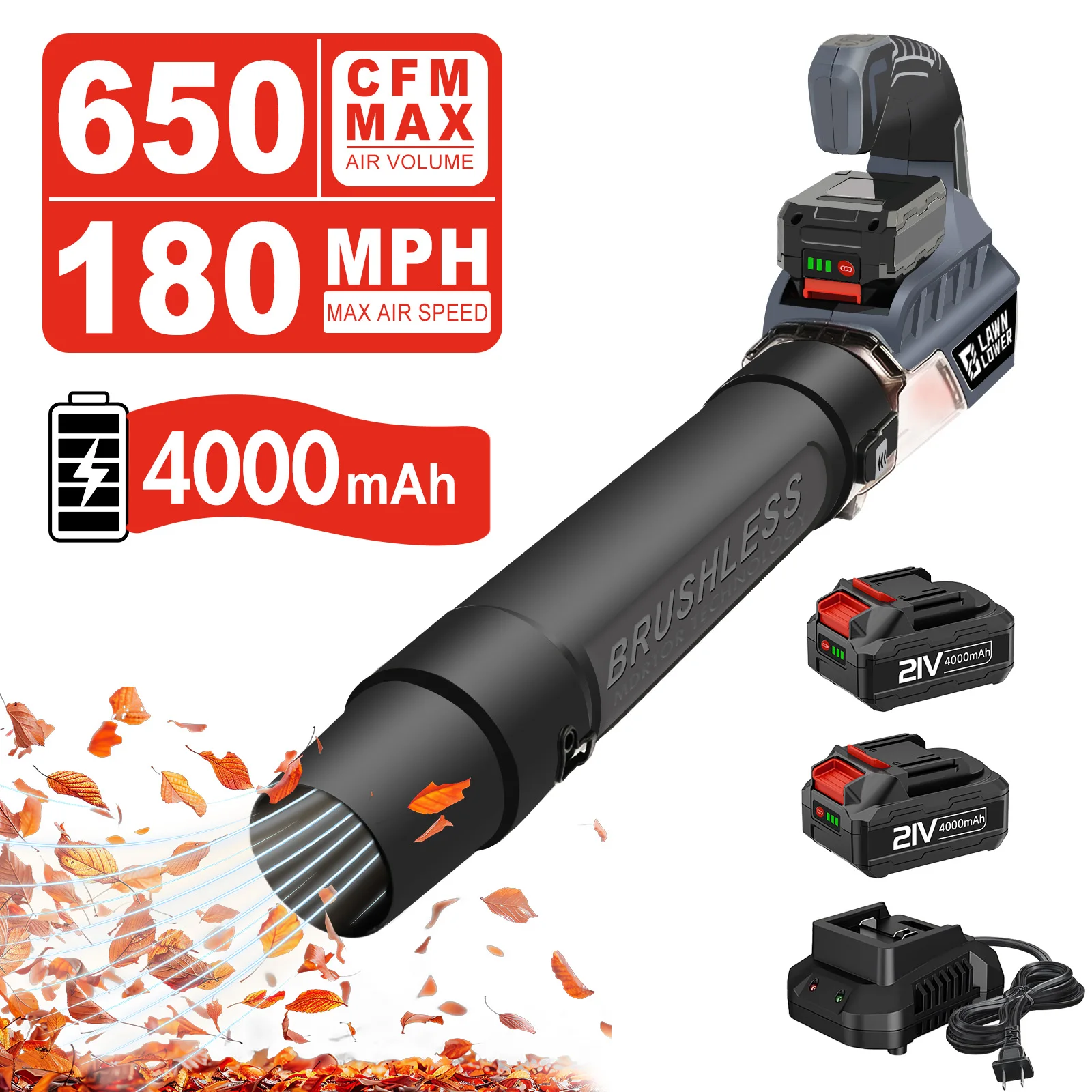 21V Brushless Cordless Leaf Blower Electric Handheld with 2x4.0Ah Batteries Fast Charger Two-Speed for Yards Patios Sidewalks