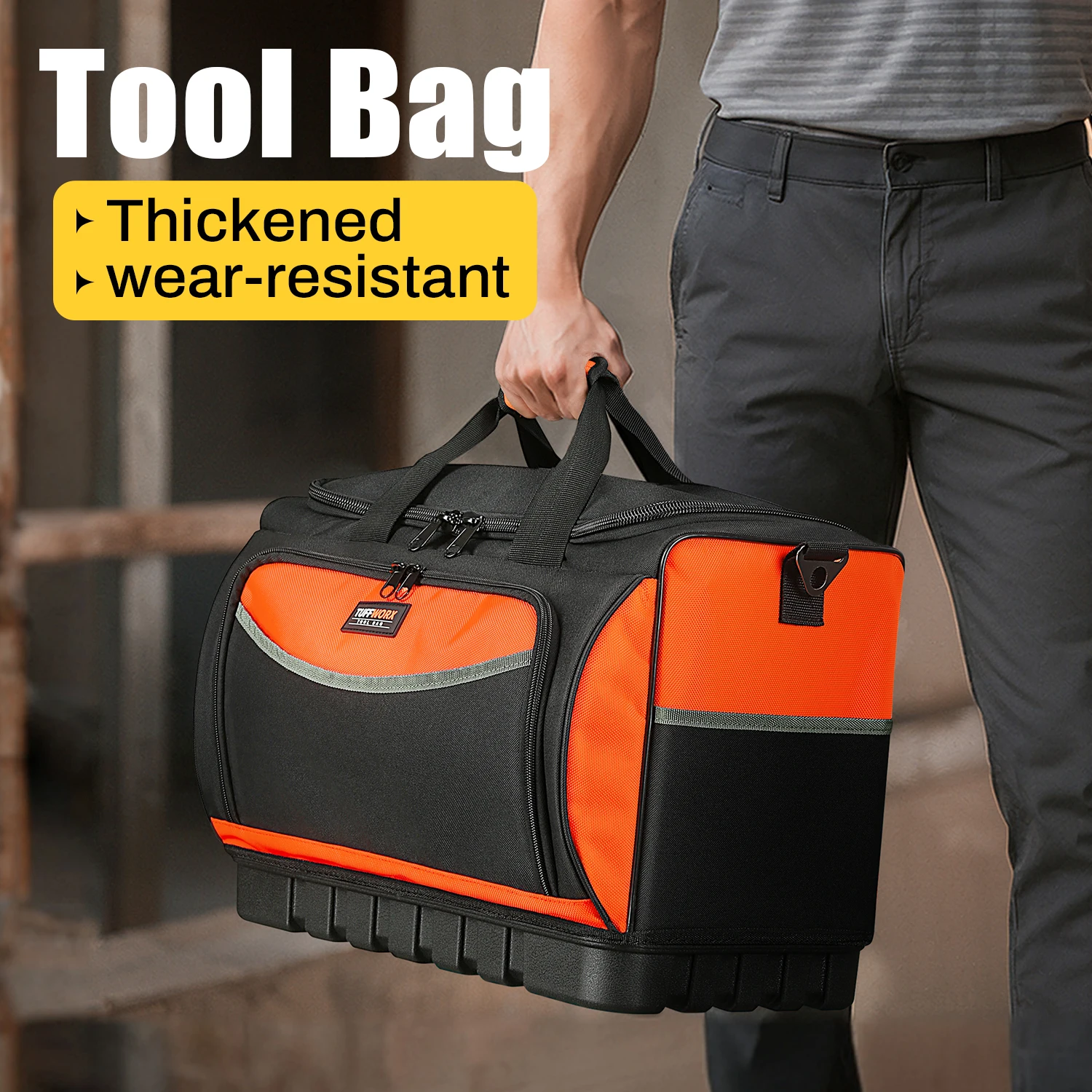 حقيبة أدوات بقاعدة مصبوبة، حقيبة تنظيم أدوات مفتوحة مع 18 جيبًا، حزام كتف قابل للتعديل، حقائب أدوات شديدة التحمل للرجال