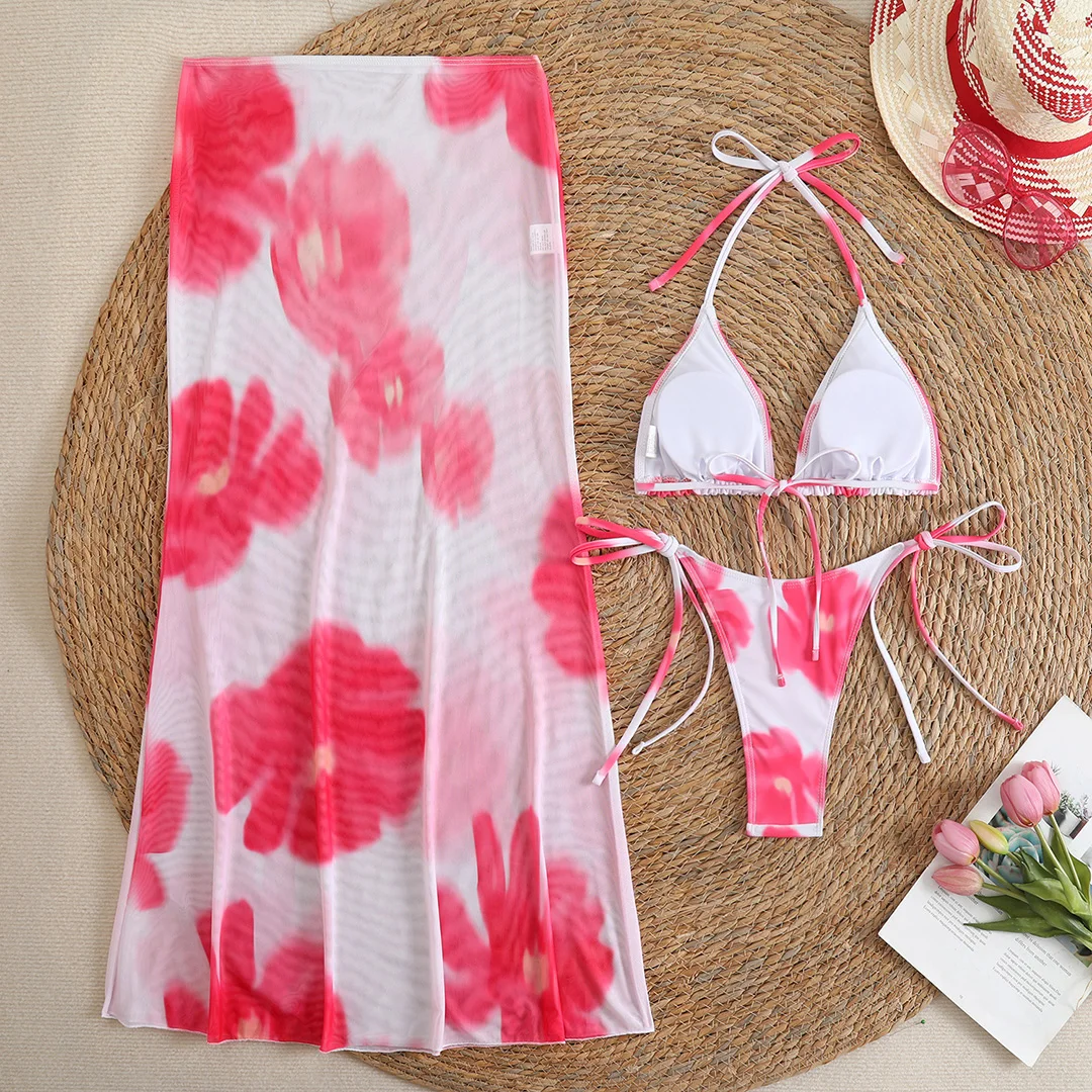Blumenmuster mit Rock, Neckholder-Bikini, Damen-Badebekleidung, dreiteiliges Bikini-Set, Damen-Badeanzug, Badebekleidung, Badeanzug, Schwimmkleidung V6637 – Detail 28