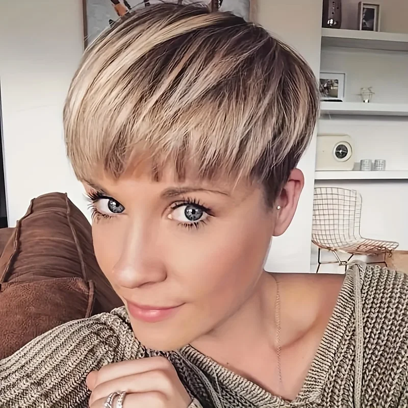 synthetic Short Pixie Cut Browns For Women Natural Layered Wigs With Bangs Short Straight Hair Wig Heat Resistant Synthetic Wigs