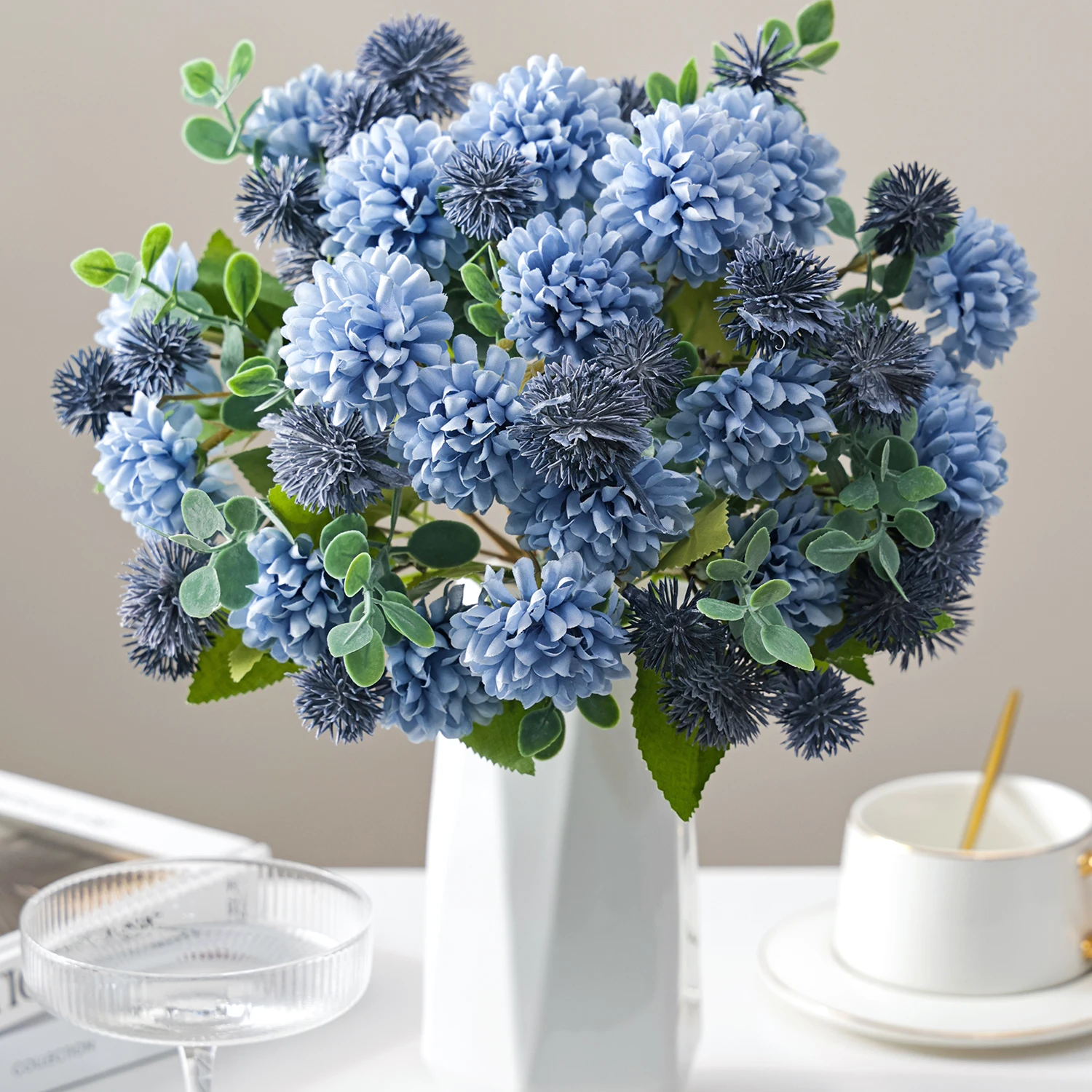 Künstliche Seidenblumen, Löwenzahnkugel, Chrysantheme, Festliche Hochzeits-Brautsträuße, Dekoration für Zuhause, Tisch, Garten, Vase, DIY-Geschenke – Detail 3