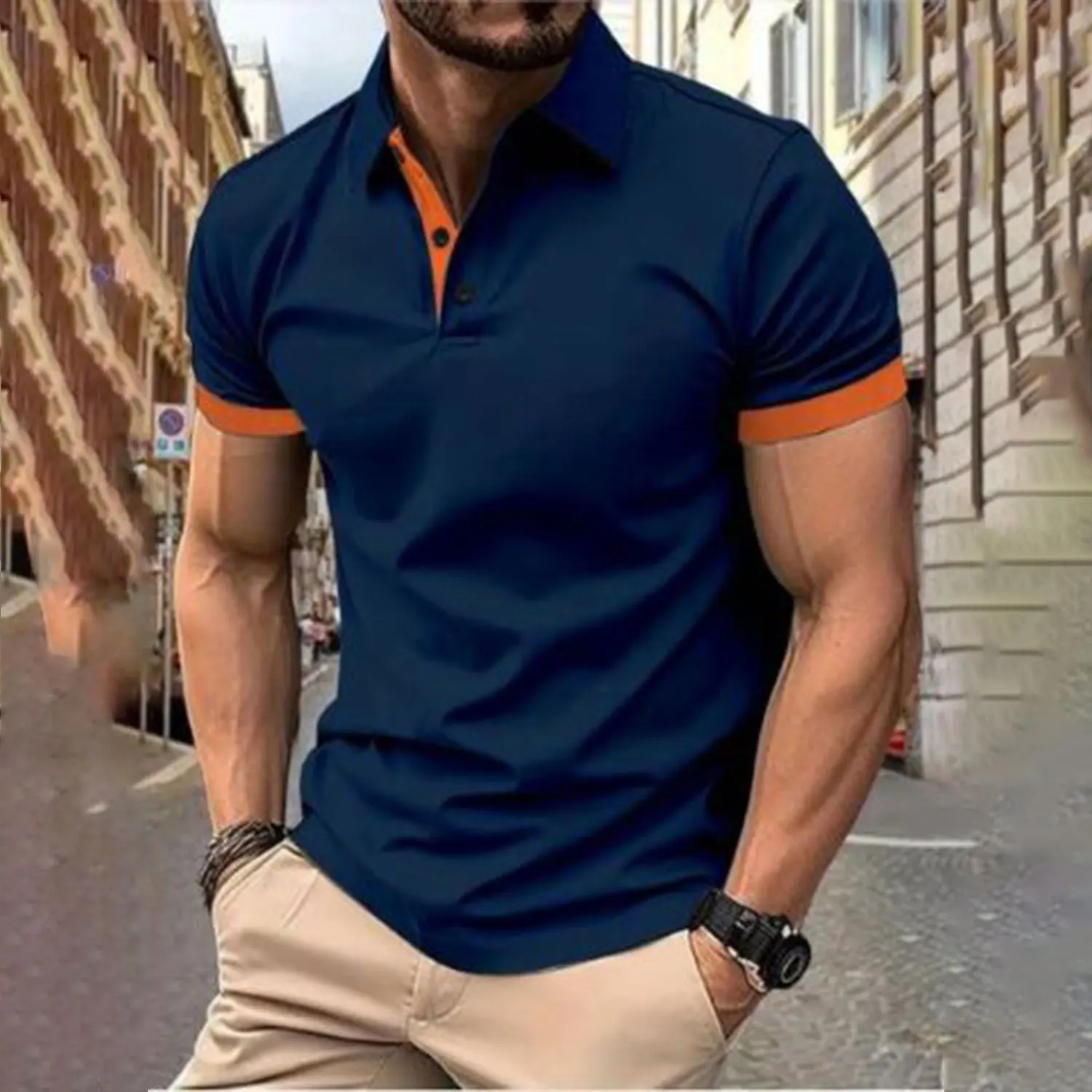 Men's short sleeve color matching fashion with men's lapel short sleeve