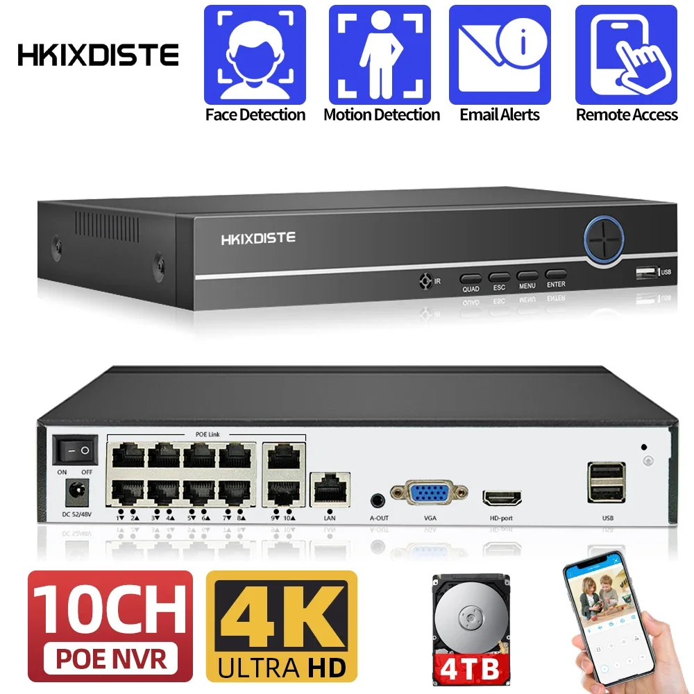 10CH 8CH 4K 8MP H.265 POE NVR Recorder For HD 4K 3MP 4MP 5MP CCTV POE IP Camera Face Detection 48V Video Surveillance Recorder