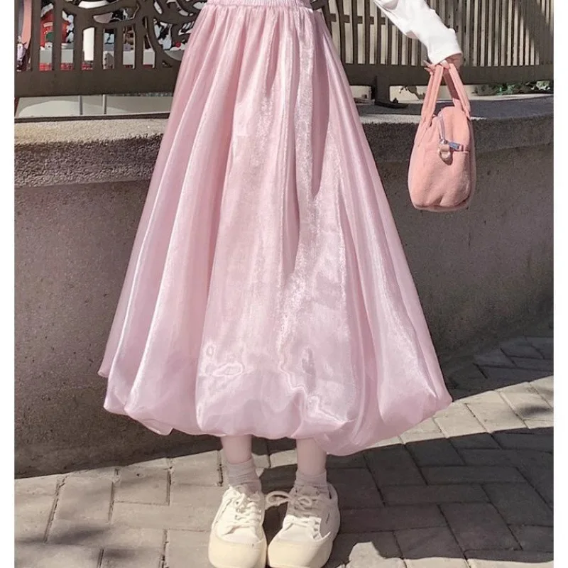 Women All Season Shiny Tulle Midi Skirt High Waist A-line Pearlescent Puffy Bud Skirt For Petite Figure