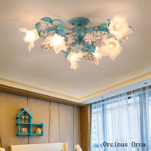 American pastoral pink flower ceiling lamp Girl Bedroom children's lamp Mediterranean color flower glass ceiling lamp