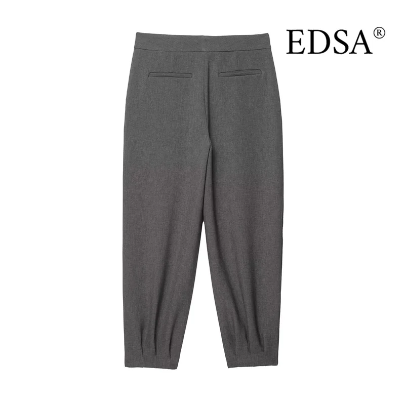EDSA Calças femininas cinza puff para senhora do escritório cintura média com botão interno calças compridas