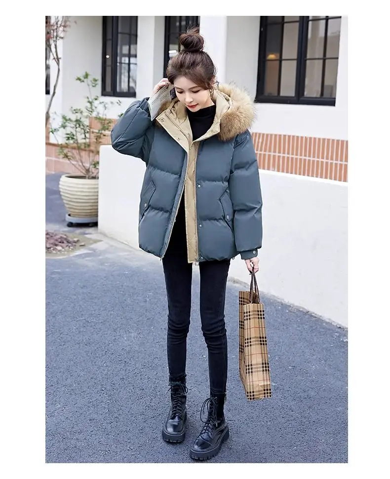 Down Cotton Jacket For Women Short Thickened 2026 Winter New Big Fur Collar Loose Cotton Coat Women's Warm Hooded Jackets Parker