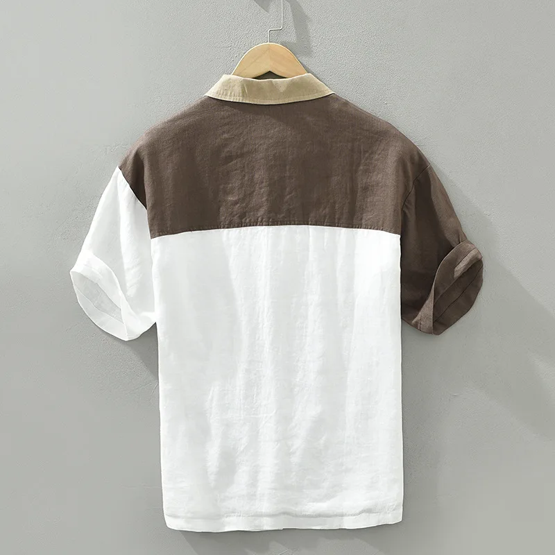 Short Sleeve100% Linen Shirt For Men Summer Fashion Simple Casual Chic Patchwork Blouse Comfortable Breathable Premium Tops