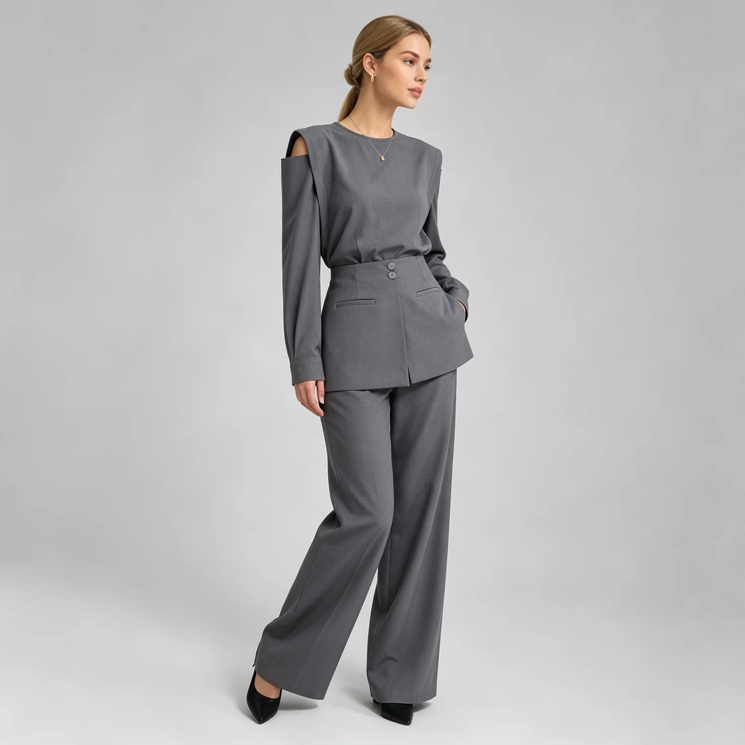 Cold Shoulder Women Suit Long Sleeve Top High Waist Wide Leg Pants Office Business Two Piece Outfit