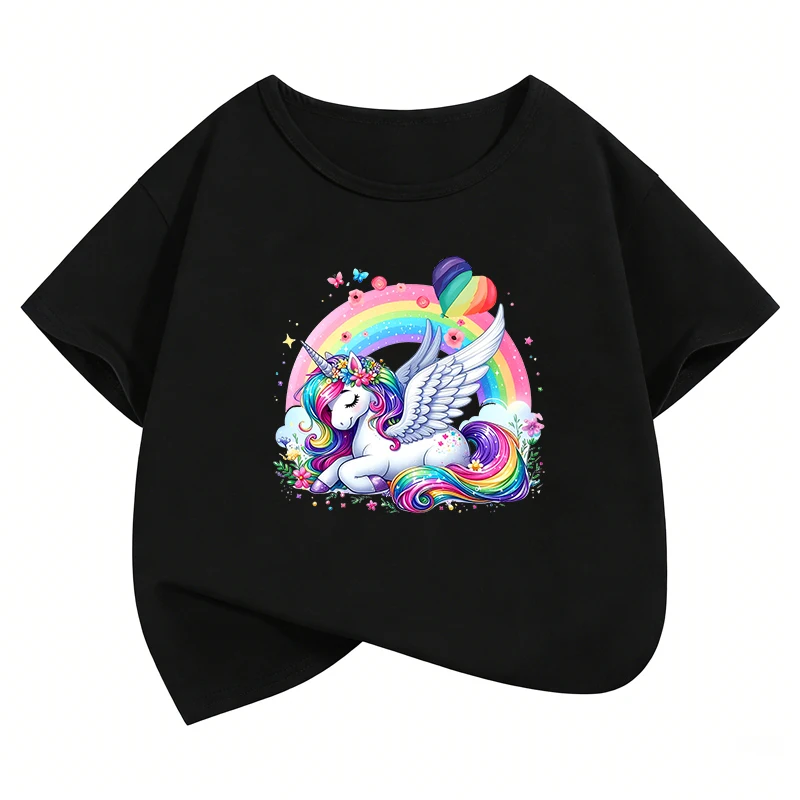 Modisches T-Shirt mit Regenbogen-Einhorn-Design, bedrucktes T-Shirt für Mädchen, Sommer-Kurzarm-Tops, T-Shirts, niedliche Kinderkleidung