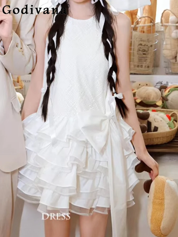

Elegant French White Crew Neck Sweet Bow Banquet Short Dress Fashion High Waist A-line Age Reduction Playful Sleeveless Dresses
