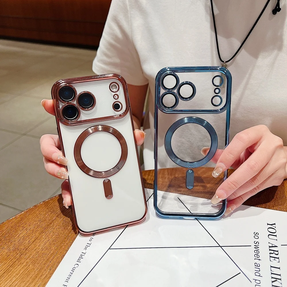 MagSafe対応 透明メッキケース iPhone 17 16 15 Pro Max Air 14 Plus 13 12用 マグネット式クリアカメラ保護スリムカバー