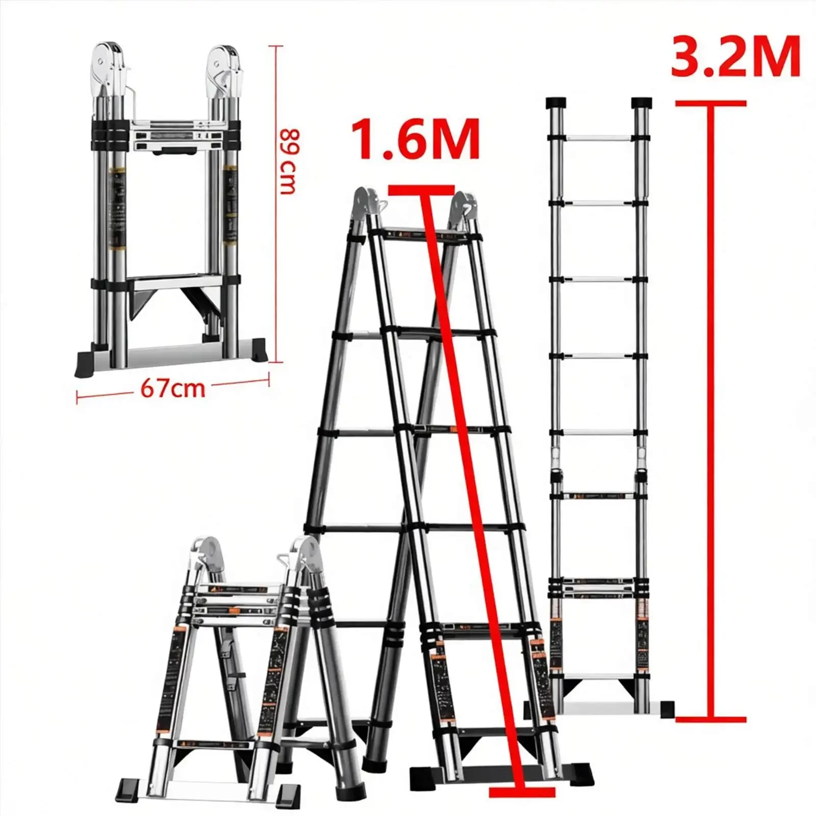Scala pieghevole da 3,4/4,2 m, Scala multifunzionale, Scala a zigzag convertibile, Scala dritta. Capacità di carico 150 kg