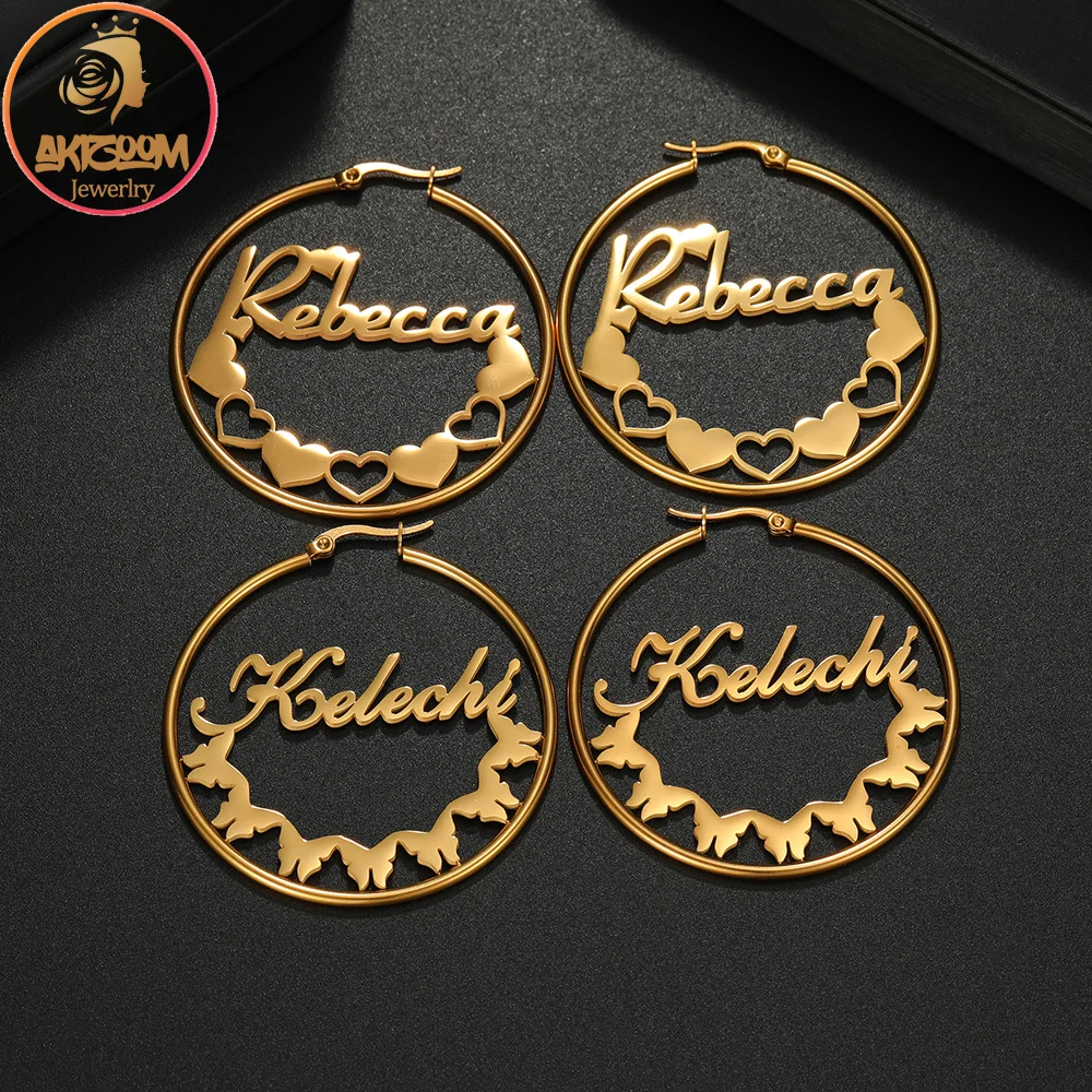 Akizoom Custom Name 50mm Hoop Earrings Stainless Steel Butterfly Heart Big Round Earrings for Women Jewelry Christmas Gift
