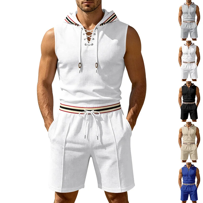 

Hooded Sleeveless T-Shirt Shortsved Summer Casual Sportswear for Youth Polyester Fiber Short Pants Streetwear Style