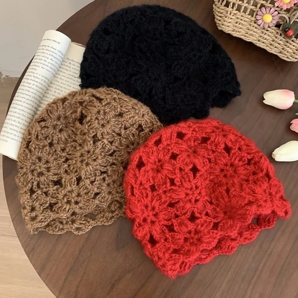 

Casual Solid Color Crochet Flower Hat Handmade Hollow Knitted Pullover Hat Japanese Weave Beanies Cap Outdoor