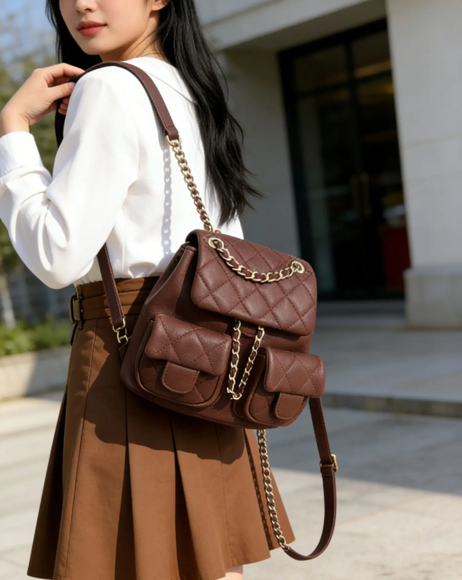

Retro Brown Embossed Women Backpack Classic Flap Shoulder Bag Versatile Daily Backpack for Work School and Travel