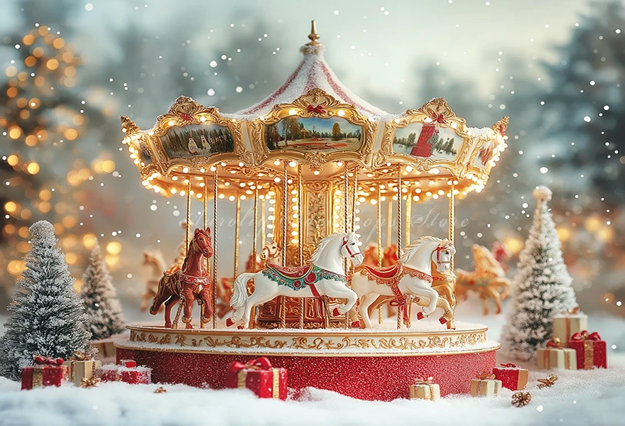 Winter Whimsical Carousel With White Horse Surround Christmas Backdrop Baby Kids Portrait Family Party Photocall Backgrounds