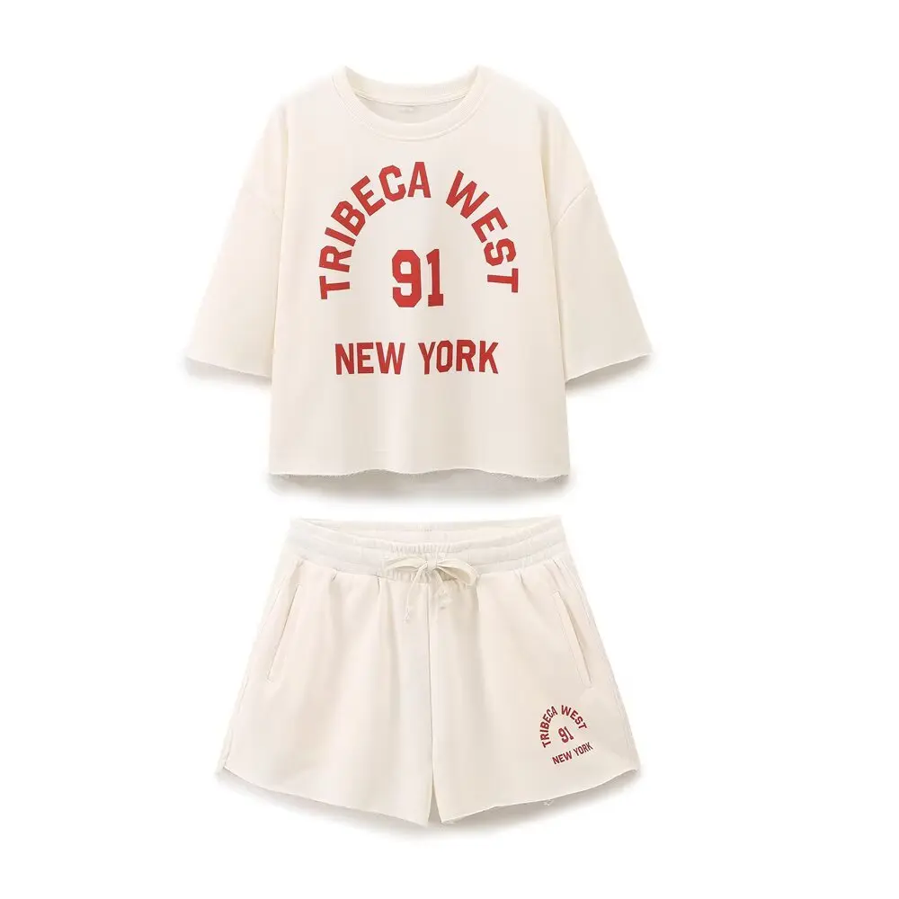 

Letter Print Crop Pullovers Tops For Women 2025 New Summer Fashion Casual Oversizde O-Neck Short Sleeve Beige Sweatshirts Female