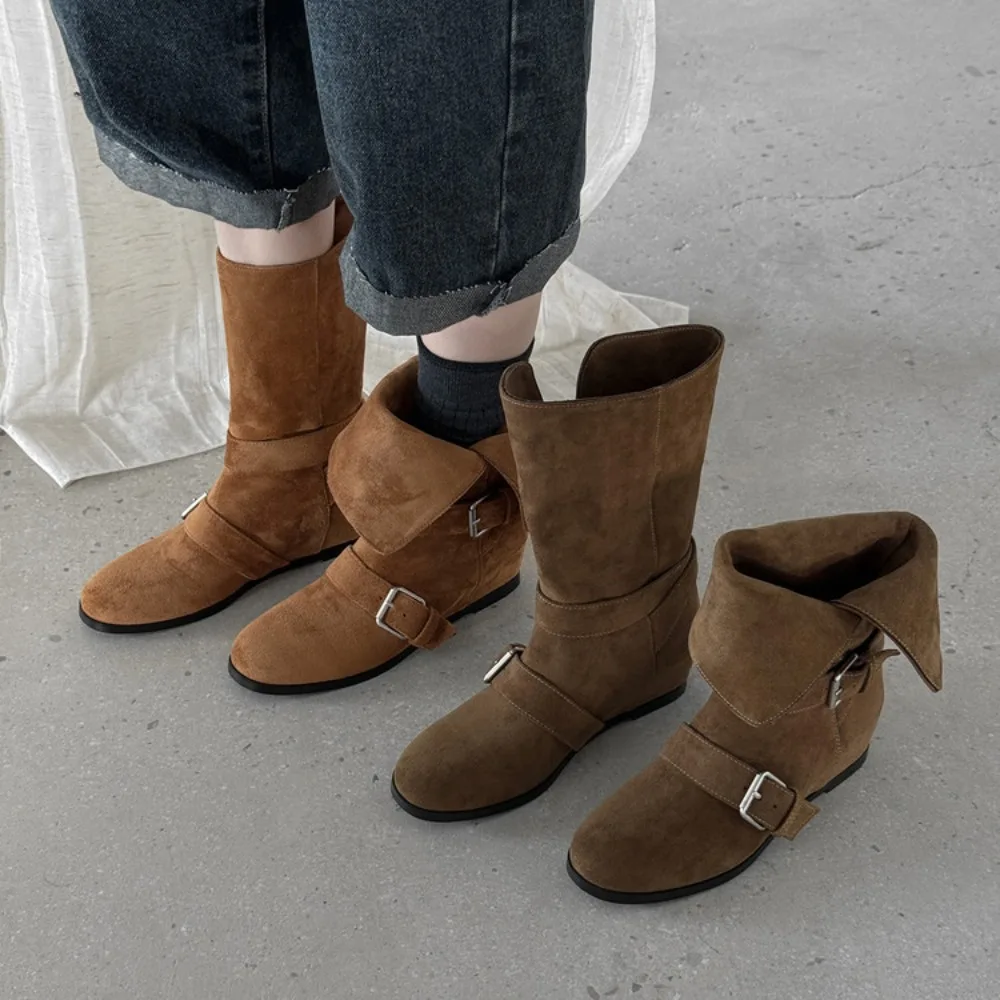 Women's Warm Suede Snow Boots Round Toe Slip-On with Buckle for Casual Home Wear