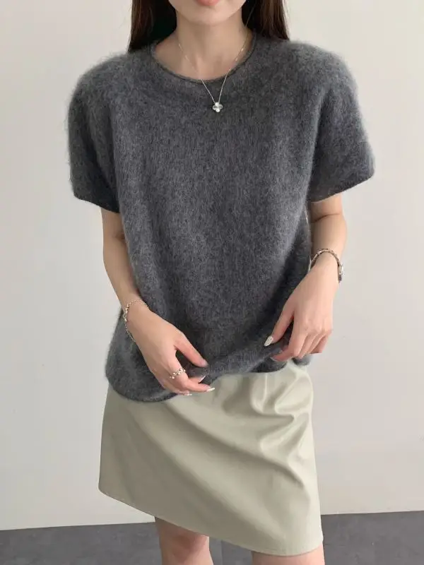 Women's autumn and winter brushed cashmere and mulberry silk short sleeved sweater with rolled edge collar brushed wool sweater