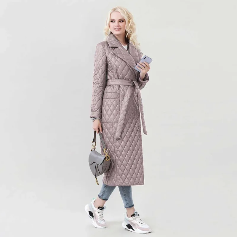 Hepburn Style Women' New Autumn and Winter High-end Knee-feeling Casual Foreign Style Rhombus Loose and Thin Long Cotton Clothes