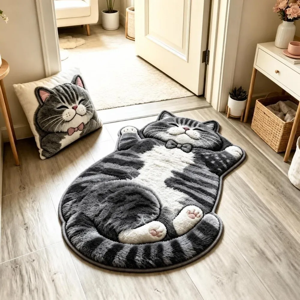 Soft 2D Cat-Shaped Area Rug Non-Slip Easy to Clean Home Decor Carpet Anti-fouling Cartoon Carpet Bedrooms