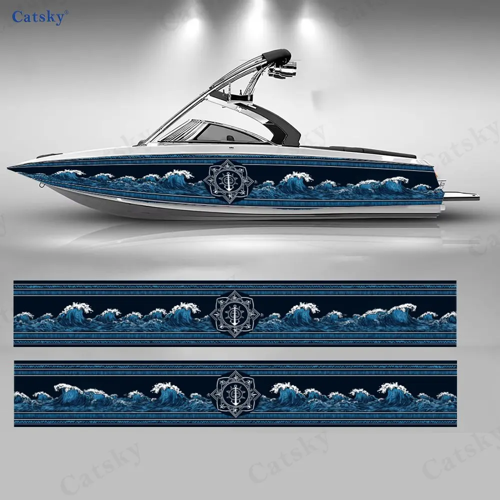 

Vintage Blue Wave Anchor Symbol Boat Stickers, PVC Waterproof Vinyl Wrap Decals for Fishing Boats, Durable and Stylish Design