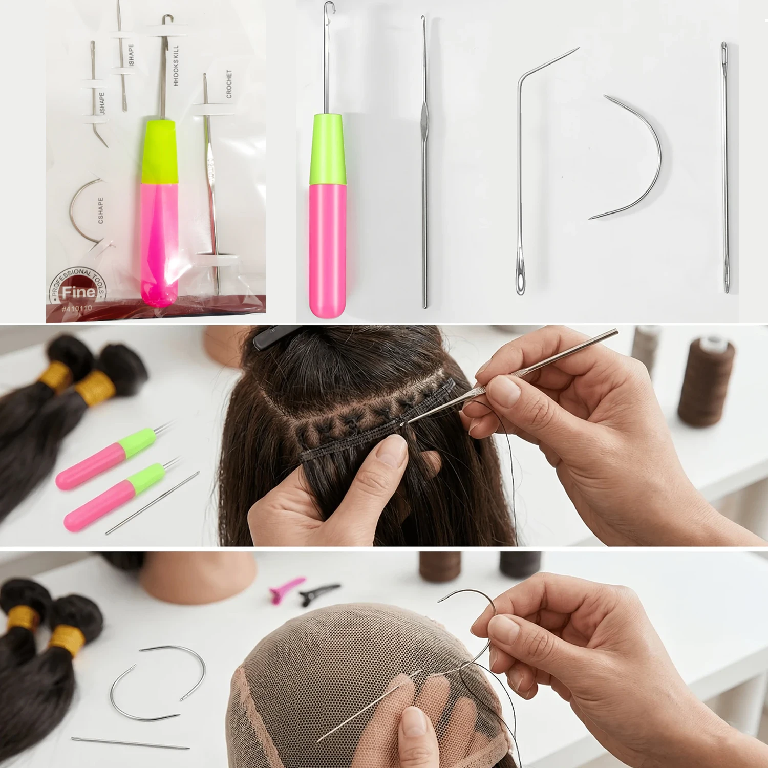 Needle Set for Making Wig Sewing Hair Weft Hair Weave Extension,Crochet Needles for Hair，Big Medium and Small C J Shape Curved