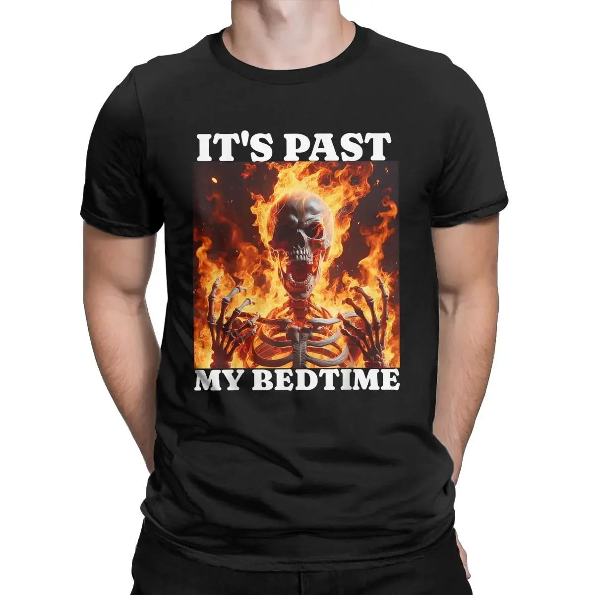 Funny Skeleton Men Crew Neck 100% Cotton T Shirt Flames Tired Short Sleeve Tee Tops Vintage Ironic It's Past My Bedtime T-Shirt