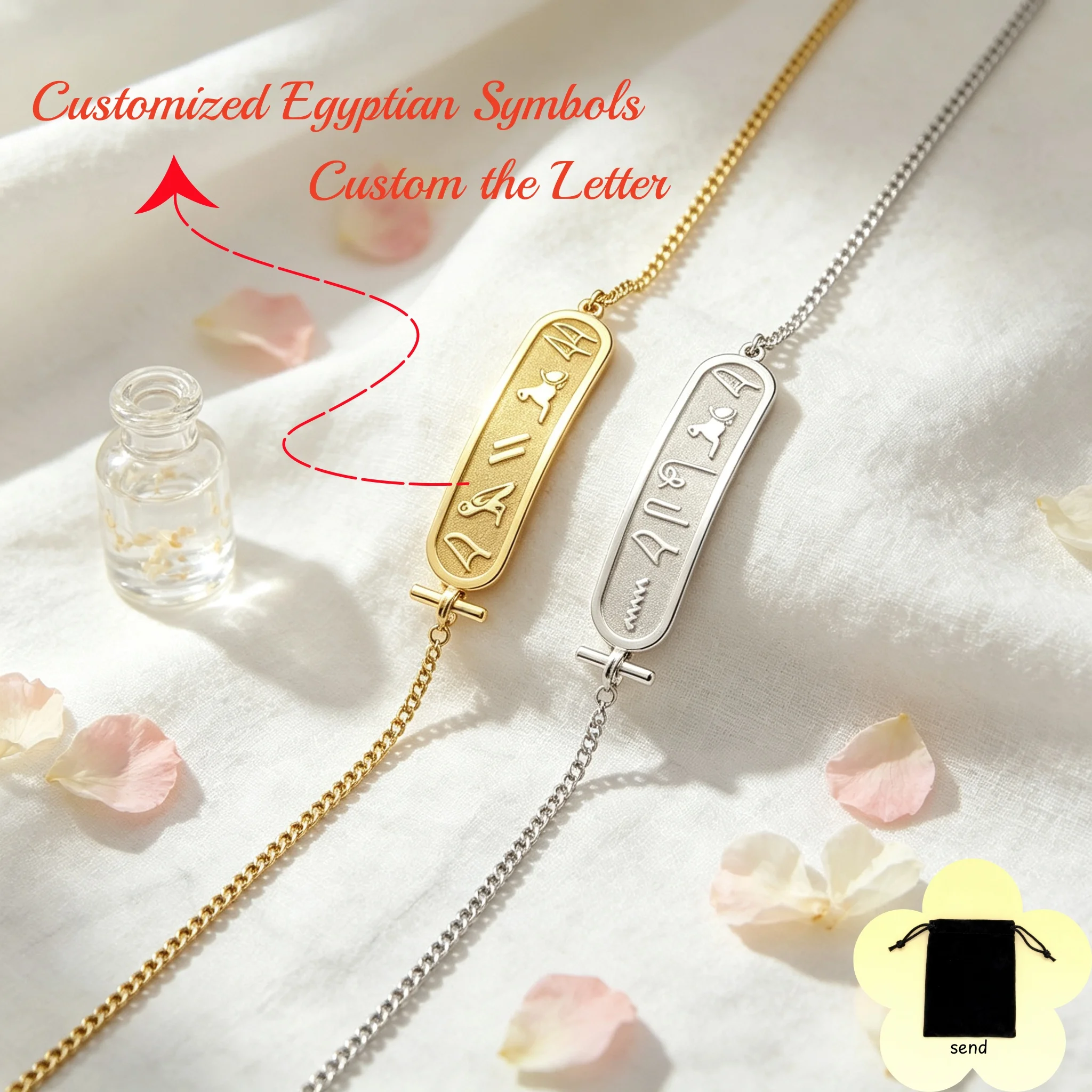 Customized Egyptian symbol name letter bracelet, stainless steel Egyptian hieroglyph symbol bracelet, trendy jewelry gift